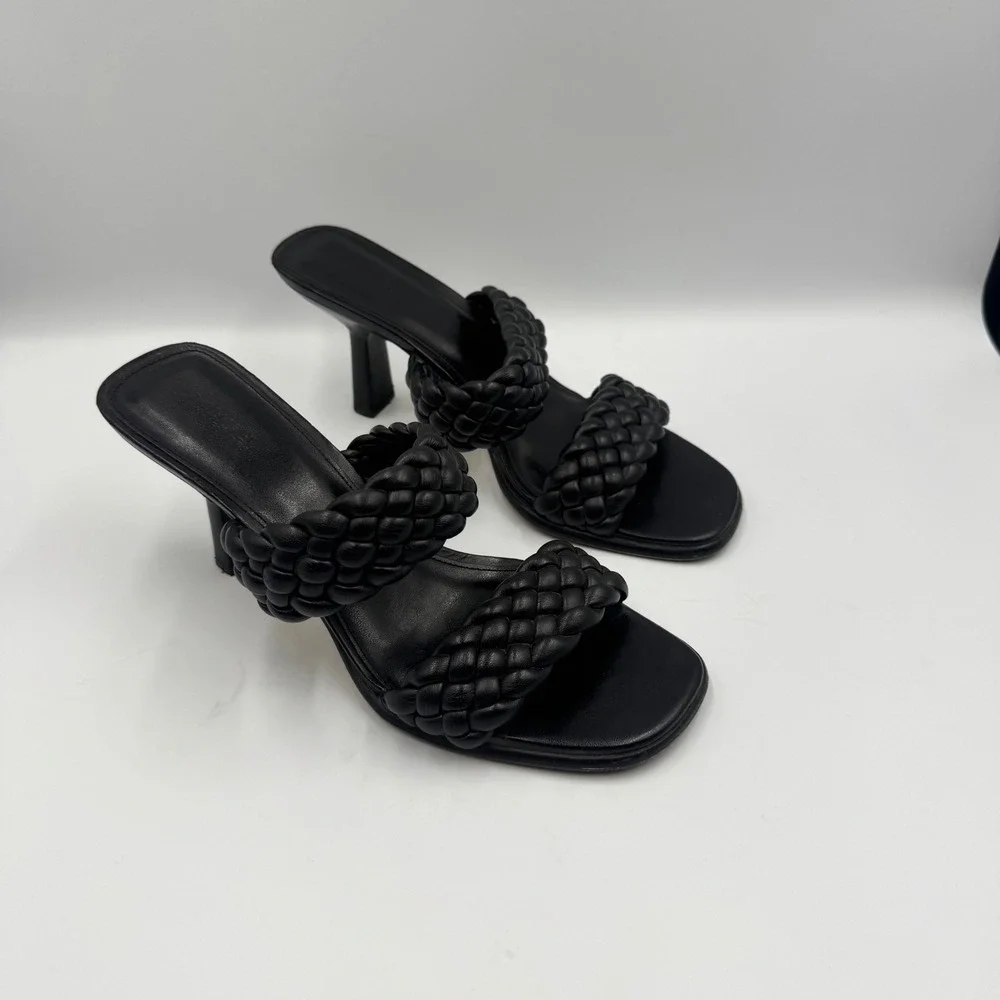 Michael Kors Clara Black Braided DoubleStrap Slide Sandals Heeled Mules SG21A 9M
